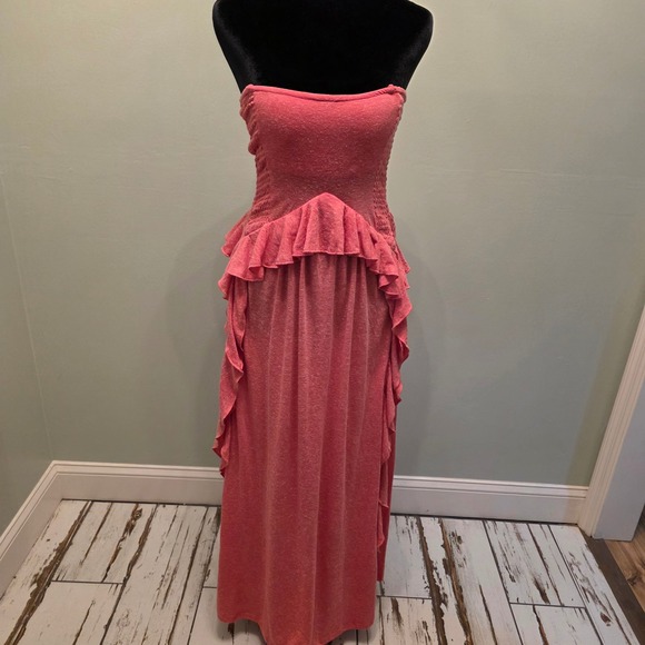 Free People Beach Dresses & Skirts - Free People Beach Coral Pink Smocked Ruffle Peplum Strapless Maxi Dress XS